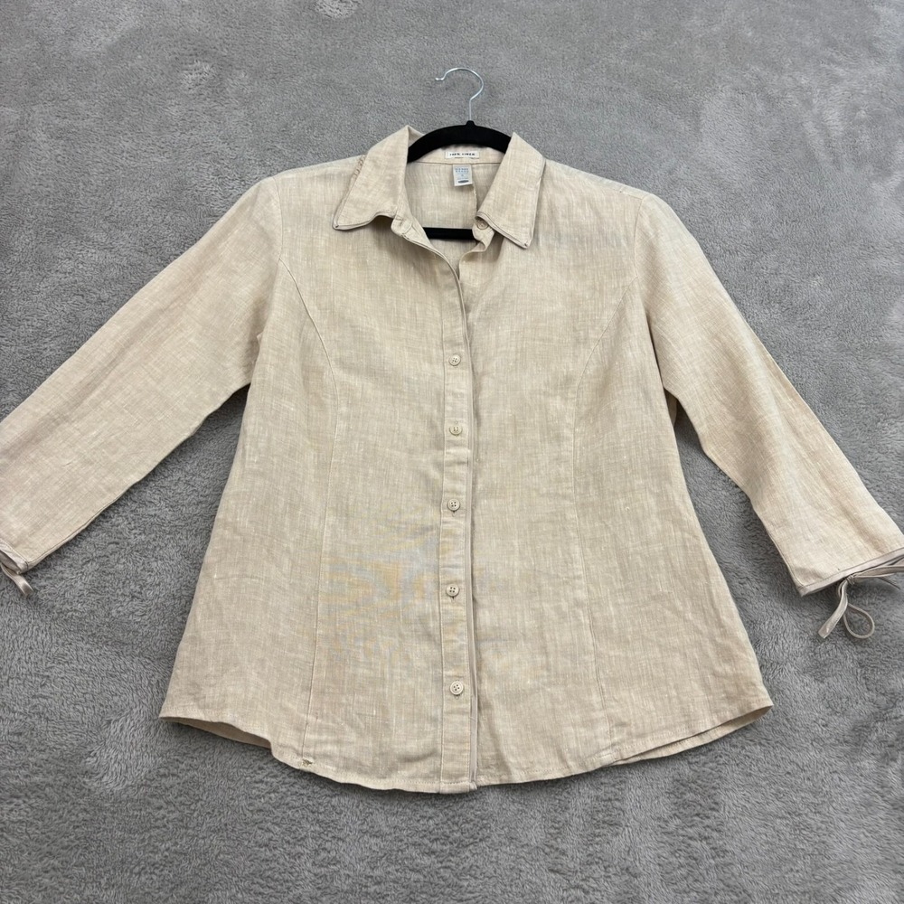 VTG Y2K‎ Old Navy Linen Button Up Shirt Womens S Beige Satin Trim Bow Tie Preppy